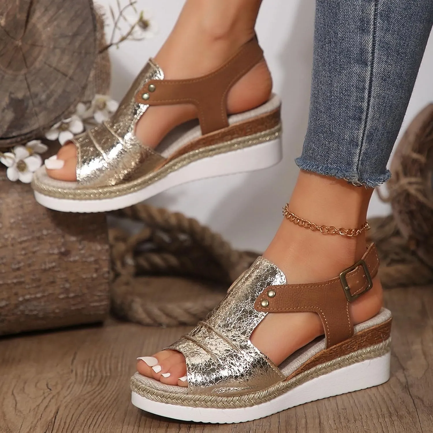 Espadrilles Wedge Sandals for Women,2025 Open Toe Espadrilles Wedge Heels Sandals Comfortable Casual Slip On Low Wedge Sandal Boho Casual High Wedges Walking Strappy Leather Footwear
