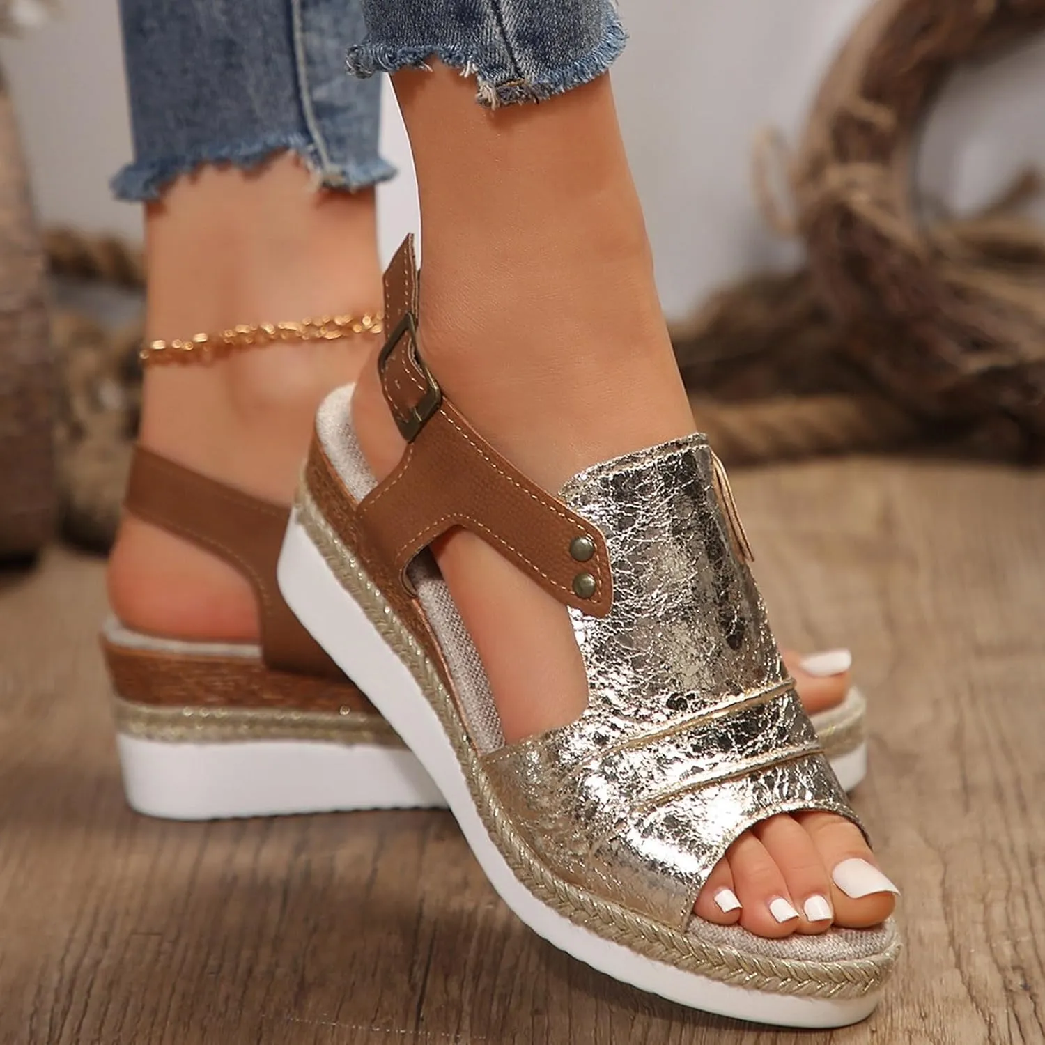 Espadrilles Wedge Sandals for Women,2025 Open Toe Espadrilles Wedge Heels Sandals Comfortable Casual Slip On Low Wedge Sandal Boho Casual High Wedges Walking Strappy Leather Footwear