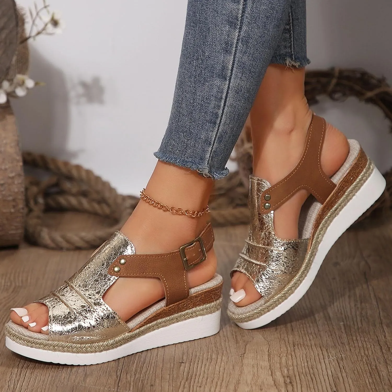Espadrilles Wedge Sandals for Women,2025 Open Toe Espadrilles Wedge Heels Sandals Comfortable Casual Slip On Low Wedge Sandal Boho Casual High Wedges Walking Strappy Leather Footwear