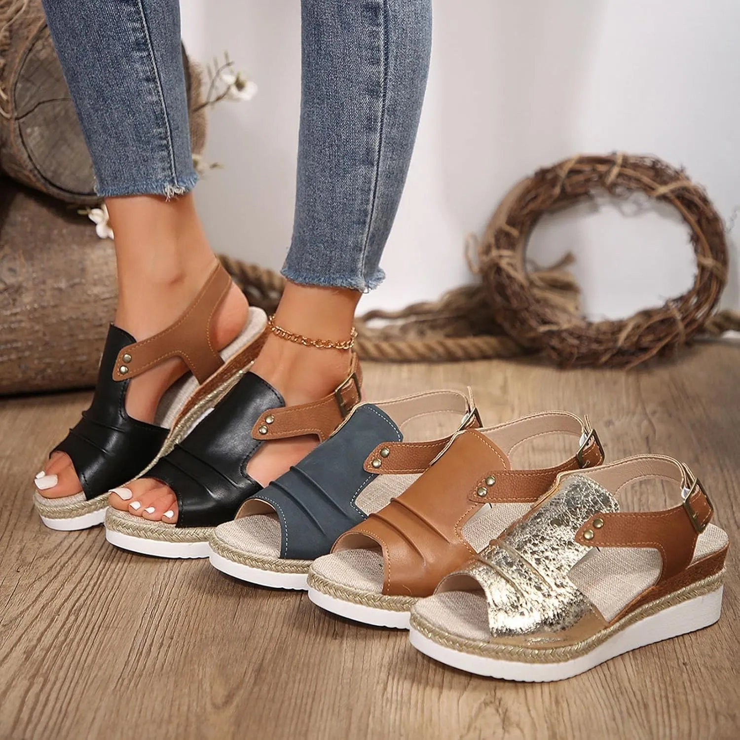 Espadrilles Wedge Sandals for Women,2025 Open Toe Espadrilles Wedge Heels Sandals Comfortable Casual Slip On Low Wedge Sandal Boho Casual High Wedges Walking Strappy Leather Footwear