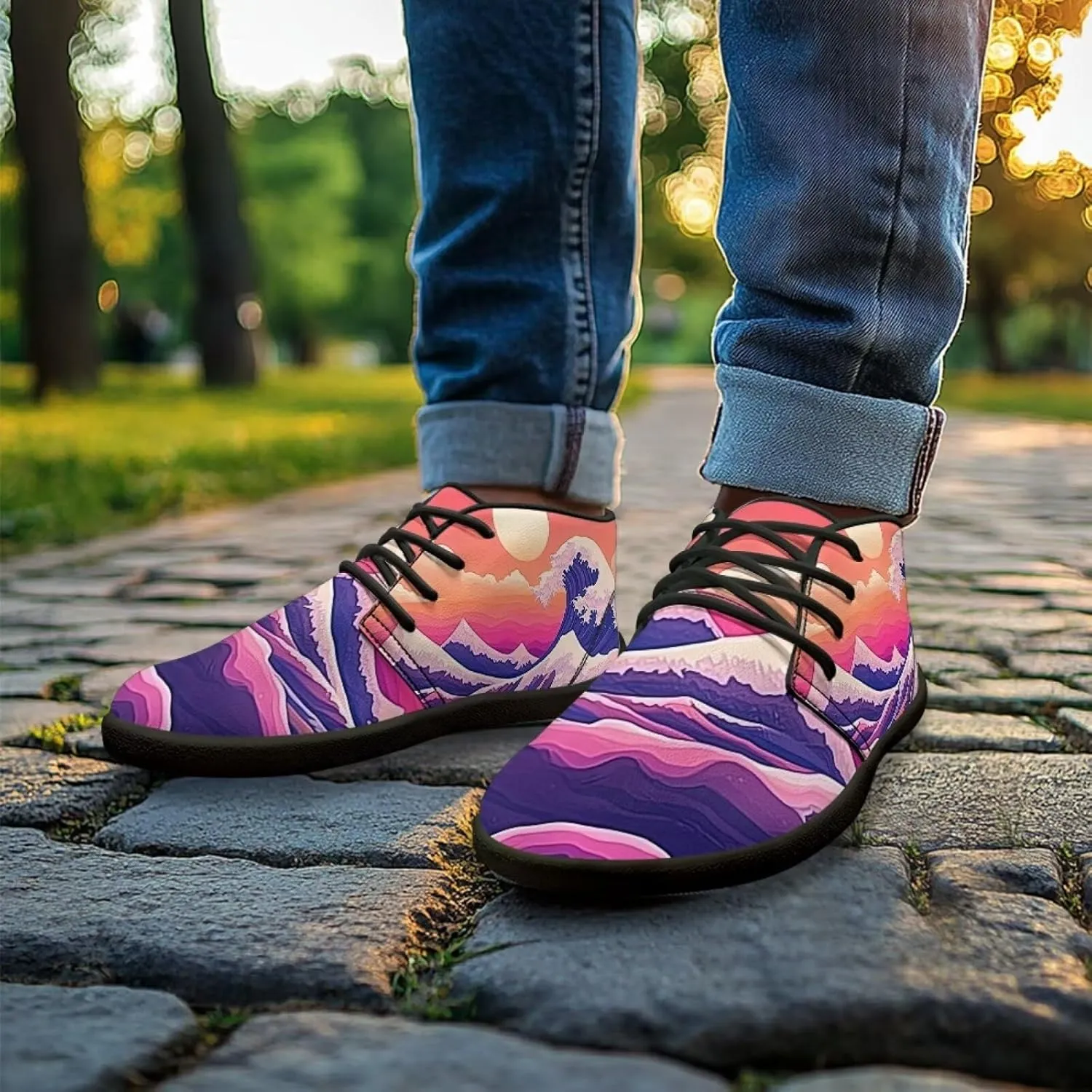 Forchrinse Beautiful Sun Pink Sky Print Mens Boots Causal Sneakers Shoes Lace up Mid Top Chukka Boots US 6-14,Office,Work,Party,Travel
