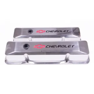 Proform Die-Cast Tall Valve Cover - Baffled - Breather Hole - Recessed Chevrolet Bowtie Logo - Polished - Small Block Chevy - Pair