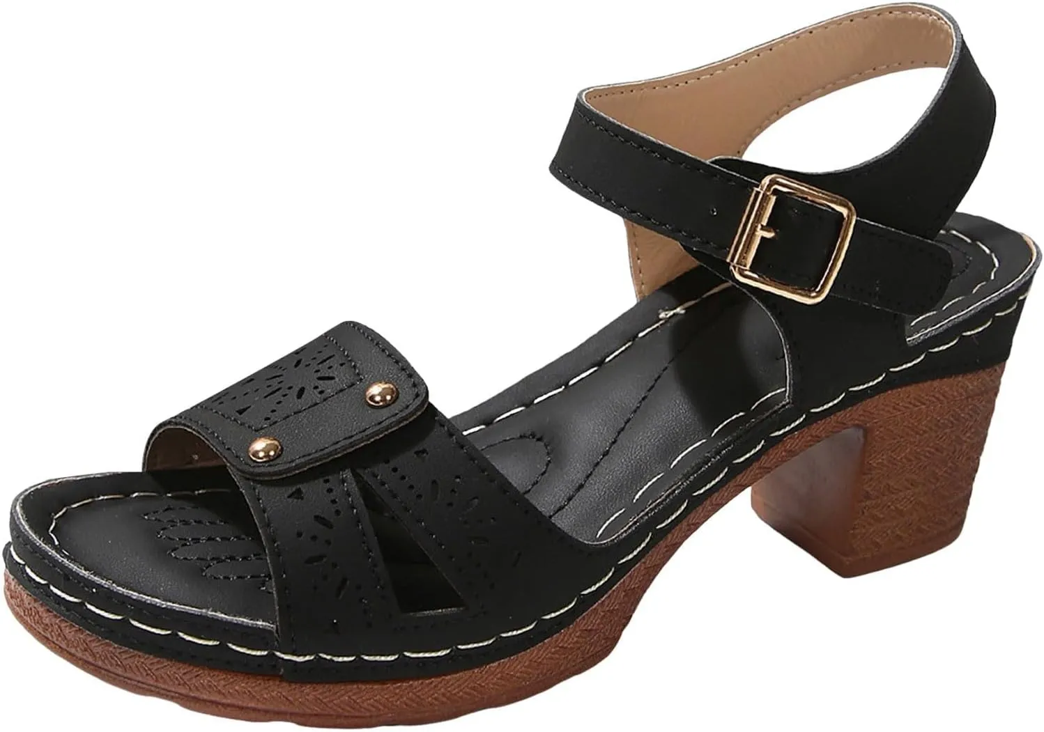 Summer Sandals for Women Dressy Casual Beach Sandals Solid Flowers Buckle Strap Chunky Low Heel Sandal Comfortable Walking Wedges with Adjustable Hook Loop Ladies Casual Platform Shoes