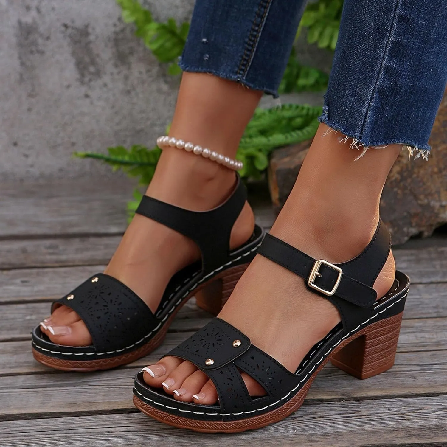 Summer Sandals for Women Dressy Casual Beach Sandals Solid Flowers Buckle Strap Chunky Low Heel Sandal Comfortable Walking Wedges with Adjustable Hook Loop Ladies Casual Platform Shoes