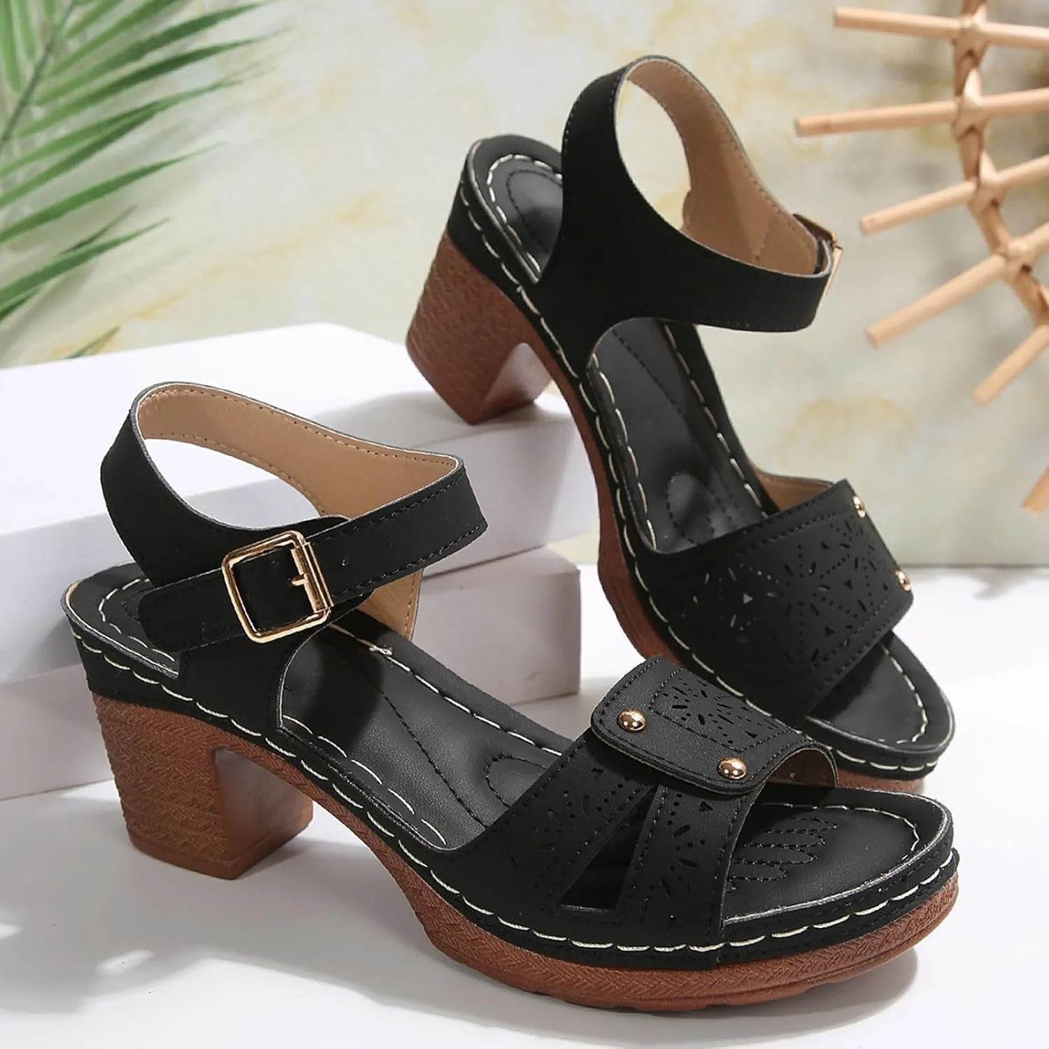 Summer Sandals for Women Dressy Casual Beach Sandals Solid Flowers Buckle Strap Chunky Low Heel Sandal Comfortable Walking Wedges with Adjustable Hook Loop Ladies Casual Platform Shoes