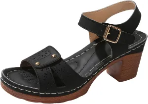 Summer Sandals for Women Dressy Casual Beach Sandals Solid Flowers Buckle Strap Chunky Low Heel Sandal Comfortable Walking Wedges with Adjustable Hook Loop Ladies Casual Platform Shoes