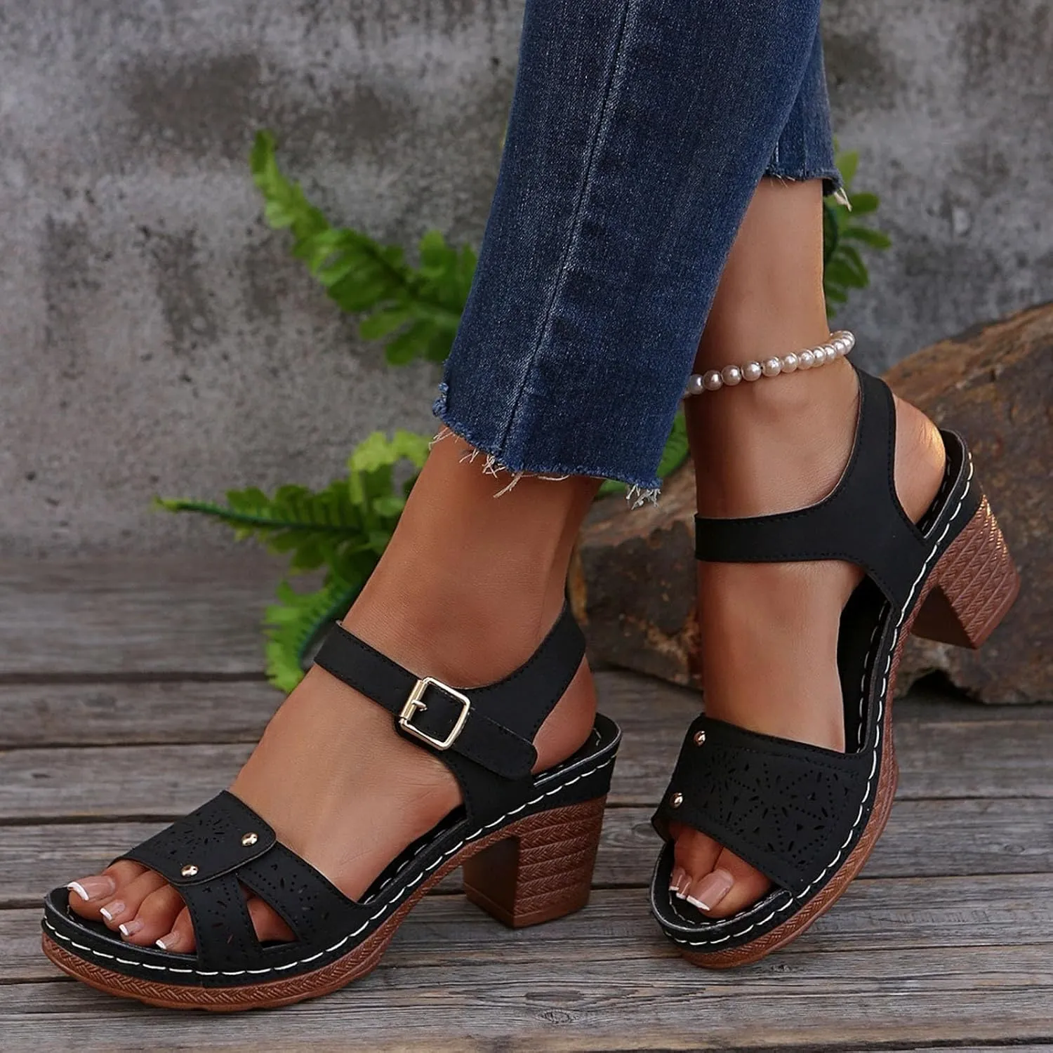 Summer Sandals for Women Dressy Casual Beach Sandals Solid Flowers Buckle Strap Chunky Low Heel Sandal Comfortable Walking Wedges with Adjustable Hook Loop Ladies Casual Platform Shoes