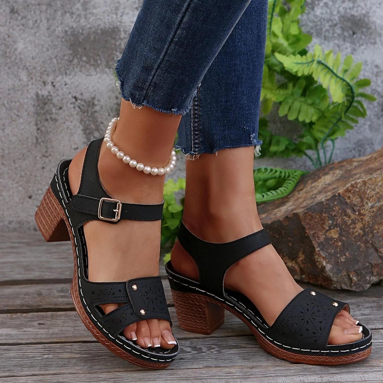 Summer Sandals for Women Dressy Casual Beach Sandals Solid Flowers Buckle Strap Chunky Low Heel Sandal Comfortable Walking Wedges with Adjustable Hook Loop Ladies Casual Platform Shoes