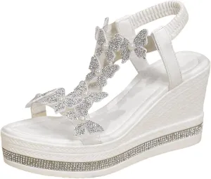 Women's High Heel Wedge Sandals Fashionable Butterfly Decoration Slides Elegant Rhinestone Sandal Thick Soled Open Toe T Strap Shoes Boho Summer Beach Sandal